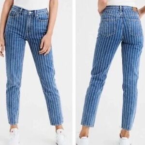 American Eagle Women 00 Regular Blue Indigo Striped Denim High Rise Mom Jean